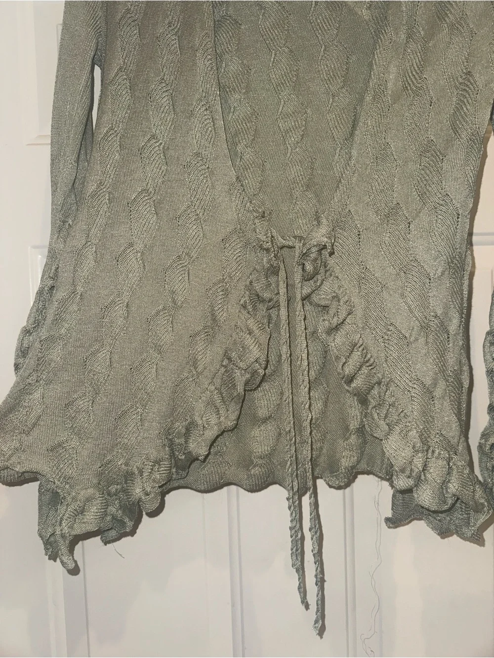 Free People Sage Green Ruffled Tie-Front Knit Cardigan